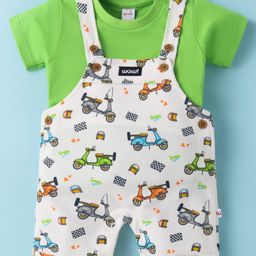 WOW Clothes Interlock Knit Dungaree & Half Sleeves T-Shirt With Scooter Print - White & Green-13