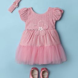 Enfance Half Puffed Sleeves Floral Applique Textured Knee Length Dress With Headband & Booties - Pink-image-32