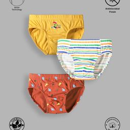 TRESNOVA Cotton Pack Of 3 Anti Microbial & Smart Waistband Technology Dinosaurs Printed & Striped Briefs - White Orange & Yellow-image-11