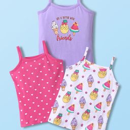 Babyhug 100% Cotton Knit Sleeveless Anti Bacterial Printed Slips Pack of 3 - White Pink & Purple-image-63