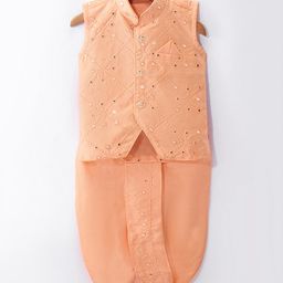 Ridokidz Sleeveless Mirror Work Embellished & Embroidered Coordinating Dhoti Kurta - Light Peach-image-95