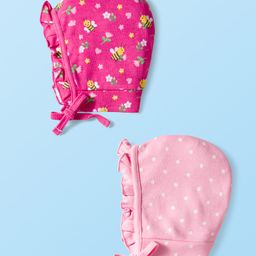Babyhug 100% Cotton Cap with Polka Dot & Floral Print Pack of 2 Dark Pink & Pink - Diameter 16 cm-picture-35
