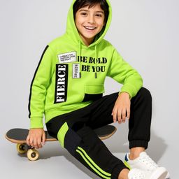 OLLINGTON ST. Cotton Full Sleeves Printed Hoodie Sweatshirt & Joggers Set - Lime Green & Black-picture-38