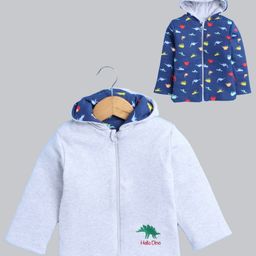 BUMZEE Cotton Knit Full Sleeves Dino Printed & Embroidered Hooded Reversible Jacket - Grey & Navy Blue-image-33