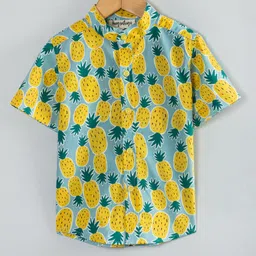 Hugsntugs Cotton Woven Half Sleeves Pineapples Printed Shirt - Yellow-picture-6