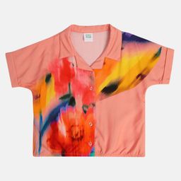MINI KLUB Viscose Woven Half Sleeves Floral Printed Shirt Style Crop Top - Peach-picture-36