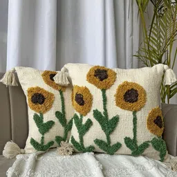 EXPORT HOUSE White & Yellow 2 Pieces Cotton Floral Square Cushion Covers-56