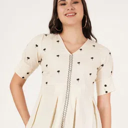 Ethic Glance Women Floral Embroidered Pleated Pure Cotton Peplum Top-image-77