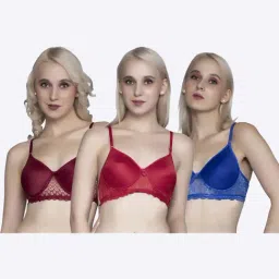 FIMS Red & Blue Lace Work Bras - Pack Of 3-image-88