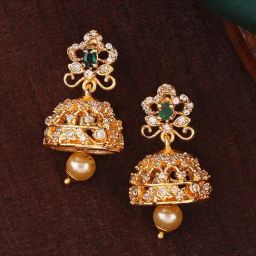 Estele Gold-Plated CZ Beautiful Pearls & Green Crystal Jhumki Earrings-31