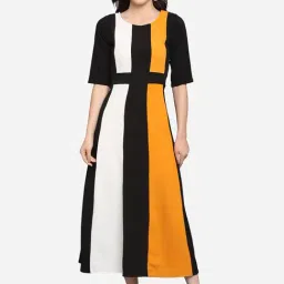PURVAJA Yellow & Black Knitted Color-Block Midi Dress-image-97