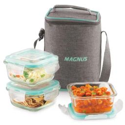 Magnus Borosilicate Glass Vivid Lunch Box With Pouch & 3 Square Containers (320 Ml Each)-17