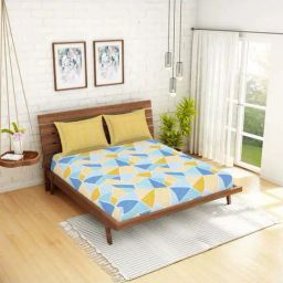 Spaces Atrium Blue & Mustard Cotton 144 TC Bed Sheet Set-image-65