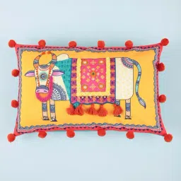 Chumbak Ornate Cow Yellow Cotton 200 TC Pillow Cover - Set of 1-55
