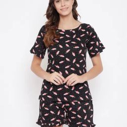 Clovia Black Printed Top With Shorts-image-83