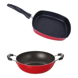 Nirlon Non-Stick Red Aluminium Kadhai & Grill Pan Combo Set - (2.6mm)-43