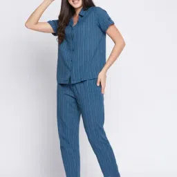 Clovia Blue Striped Shirt Pyjama Set-image-32