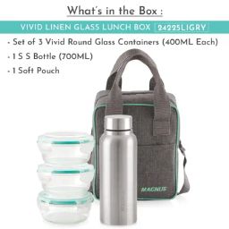 Magnus Borosilicate Glass Vivid Lunch Box With Pouch, 1 Bottle & 3 Round Containers (400Ml Each) image 2