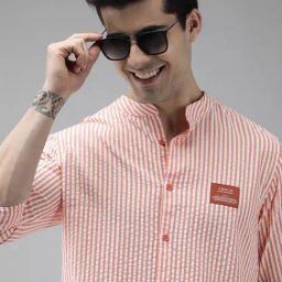 The Bear House Orange Slim Fit Striped Cotton Shirt-image-32