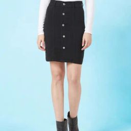Miss Chase Black Stretchable A Line Mini Denim Skirt-image-36
