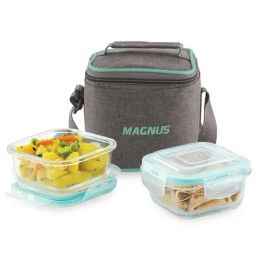 Magnus Borosilicate Glass Vivid Lunch Box With Pouch & Includes 2 Square Containers (320 Ml Each)-18