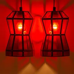 ExclusiveLane Red Iron Handcrafted Octagonal Hanging Pendant Lamp - Set of 2-5