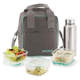 Magnus Borosilicate Glass Vivid Lunch Box With Pouch, 1 Bottle & 3 Square Containers (320 Ml Each)-19