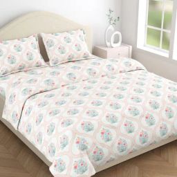 Haus & Kinder White & Orange Cotton 186 TC King Size Flat Bedsheet with 2 Pillow Covers-picture-18