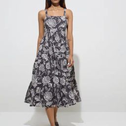 Utsa by Westside Charcoal Floral Design Cotton Tiered Dress-image-52