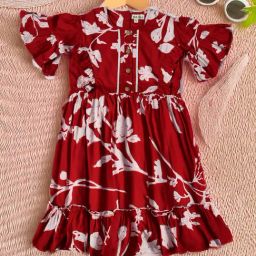 Bella Moda Girls Red Cotton Half Sleeves Floral Printed Dress-image-63