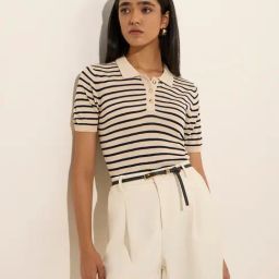 Wardrobe by Westside Ivory Striped Cotton Polo Top-image-98