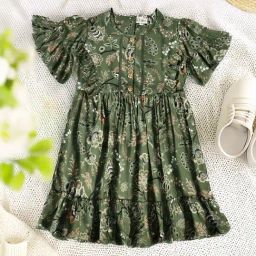 Bella Moda Girls Green Cotton Half Sleeves Floral Printed Dress-image-103