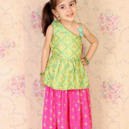 TWISHA Kids Green & Pink Self Design Top with Ghagra-image-100