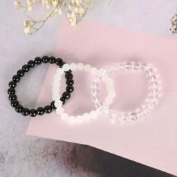 NVR Transparent & White & Black Marbel Crystal Elasticated Bracelet for Unisex - Set of 3-4