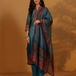 Varanga Teal Printed Kurta Bottom Dupatta Set-picture-23