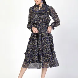COSMIC TRIO Floral Print Tie-Up Neck Puff Sleeve Layered Midi Fit and Flare Dress-picture-10