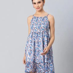 Moomaya White & Blue Floral Print Fit & Flare Dress-image-101