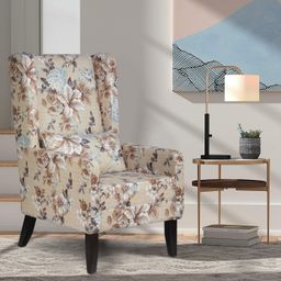 GLOBALLY INDIAN Beige & Brown Printed Wingback Wooden Arm Lounge Chair-10