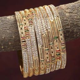 Zeneme Gold Plated Red And Green Meenakari Textured CZ Bangles for Women Set of 8-24
