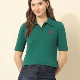 U.S. Polo Assn. Green Cotton Solid Short Sleeves Polo T-Shirt-image-48