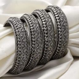 Zeneme Silver Plated Textured Black Toned Kada Bangles for Women Set of 4-75