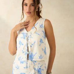 VIRGIO Beige Cotton Floral Sleeveless Top-image-91