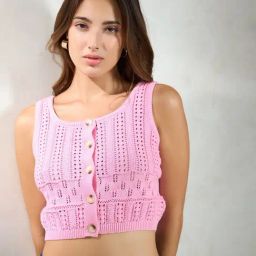 VIRGIO Pink Cotton Self Sleeveless Crop Top-image-5