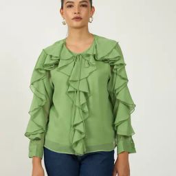VIRGIO Green Other Solid Long Sleeves Top-image-102