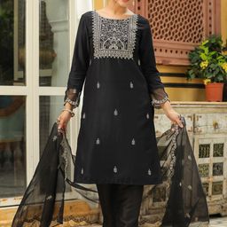 Janasya Floral Embroidered Sequinned Straight Kurta & Trousers With Dupatta-picture-38