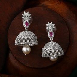 Estele Rhodium-Plated CZ Design Jaliwala Pearl & Crystals Jhumki Earrings-image-55
