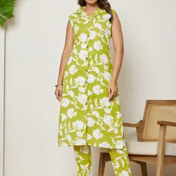 ADAA JAIPUR Women Floral Printed Lapel Collar Regular Pure Cotton Kurta with Trousers-image-21