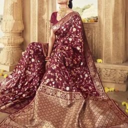 Monjolika Fashion Women's Maroon Banarasi Silk blend Woven Saree With Blouse Piece-image-19