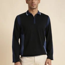 Andamen Navy & Black Regular Fit Colour Block Polo T-Shirt-image-74