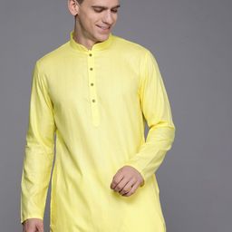 Manyavar Men Yellow Pure Cotton Mandarin Collar Kurta Set-image-109